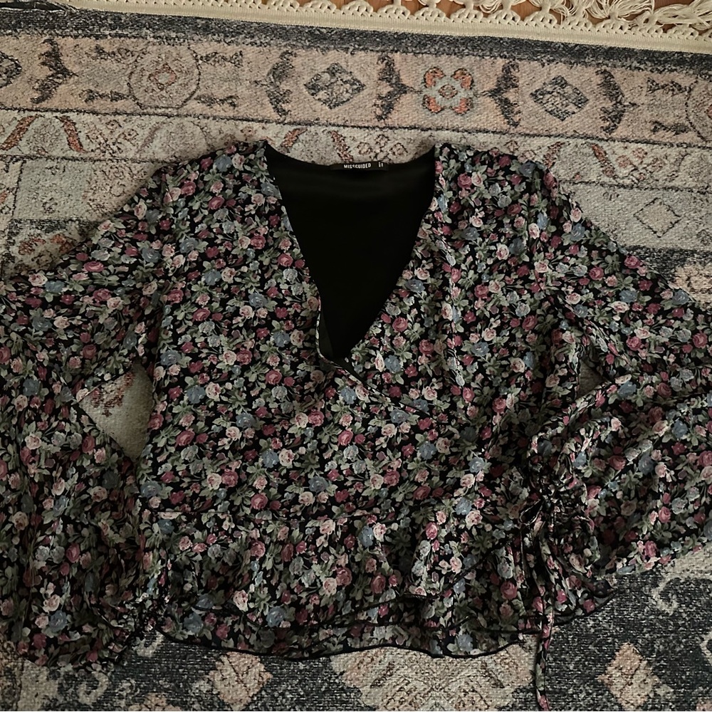 Missguided black floral tie blouse